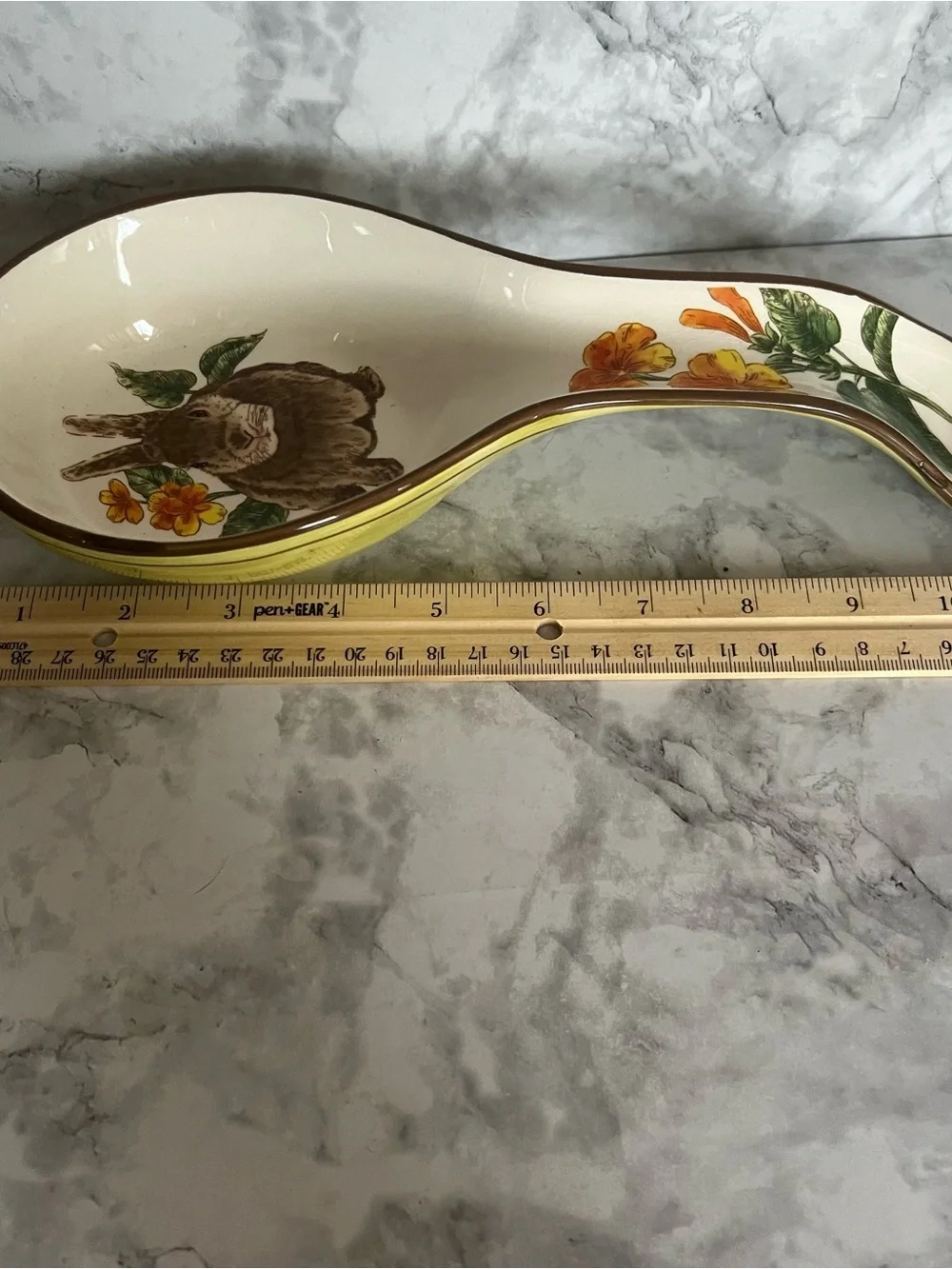 Vintage Ceramic Spoon Rest with Brown Bunny and Yellow Floral Accents